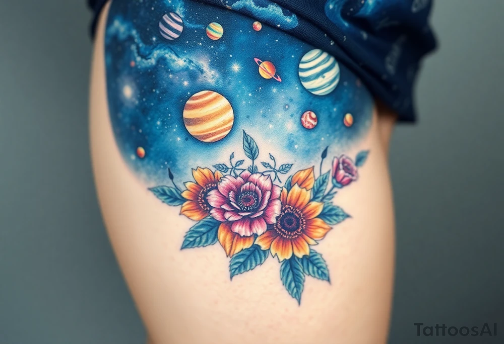 Milky way galaxy with planets with zodiac symbols and protection runes in it with tigerlillies roses and sunflowers tattoo idea
