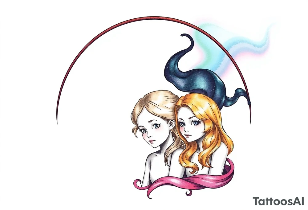 3 petites filles ( une cheveux noir et deux blondes)
sous un arc en ciel incomplet tattoo idea