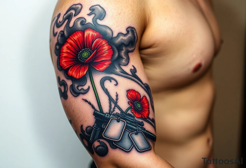 War zone with 2 poppy’s growing out of the smoke with dog tags laying on the ground tattoo idea