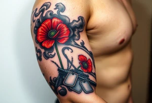 War zone with 2 poppy’s growing out of the smoke with dog tags laying on the ground tattoo idea