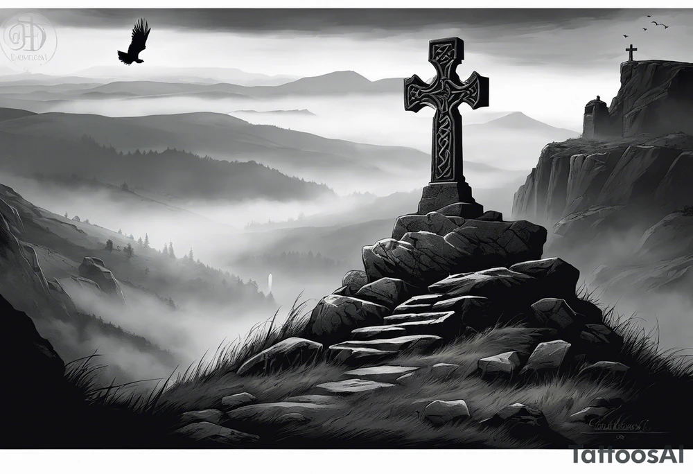 A stone Celtic cross solemnly standing atop a hill, a raven perches atop the cross staring out over the desolation. A ruined stone wall lies crumbling near the cross. Mist rolls along the hilltops adding to the melancholic nature of the scene tattoo idea