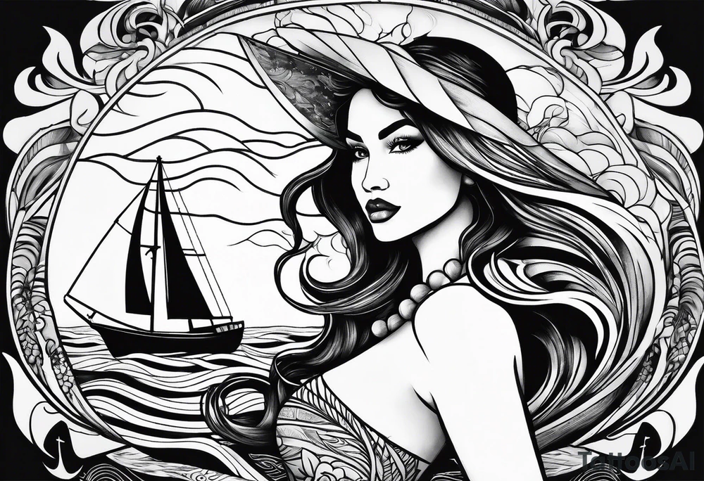 Hula girl on a sailboat with waves tattoo idea