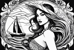 Hula girl on a sailboat with waves tattoo idea