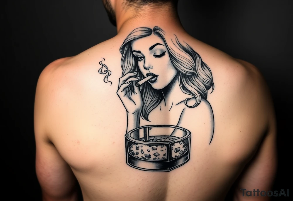 The Sunbeam girl smoking a cigarette ashing in a ashtray tattoo idea