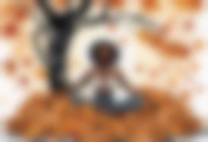 a black woman standing in a pile of fallen leaves, with feet that are tree roots, her arms raised towards the sun, tattoo idea