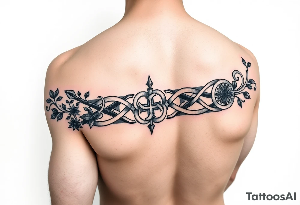 An armband tattoo combining Celtic traditional symbols and nature, the tattoo needs to circle the bicep and tricep on the arm tattoo idea
