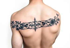 An armband tattoo combining Celtic traditional symbols and nature, the tattoo needs to circle the bicep and tricep on the arm tattoo idea