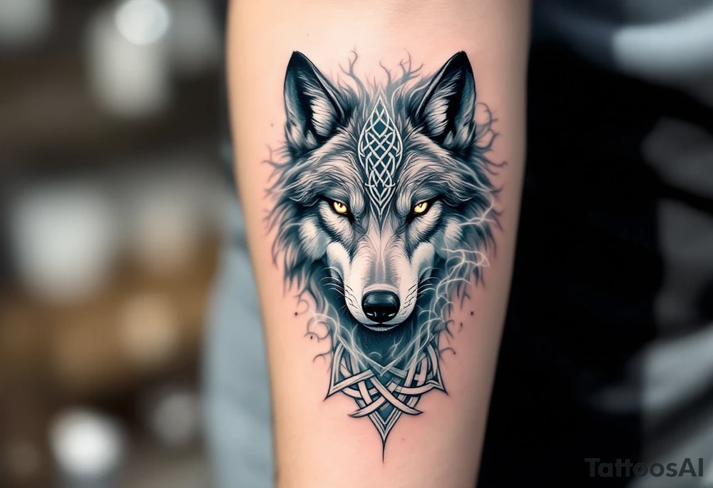 Celtic Wolf in Mist – A ghostly wolf rendered in soft gray and blue tones, with faint white Celtic knot patterns fading into mist around it. tattoo idea