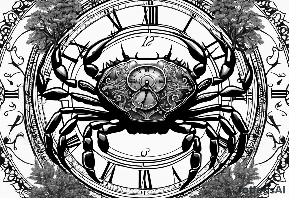 Zodiac crab with clock in front of tree of life tattoo idea