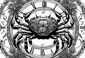 Zodiac crab with clock in front of tree of life tattoo idea
