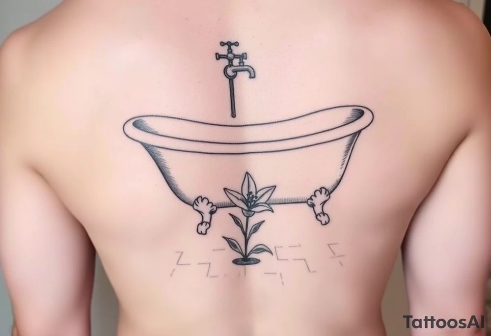 clawfoot bathtub with simple faucet and lily coming up out of the tile floor tattoo idea