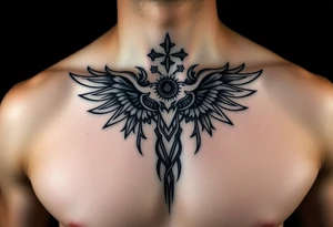 Symetrical upper chest tattoo, dark, animal icelandic symbols tattoo idea