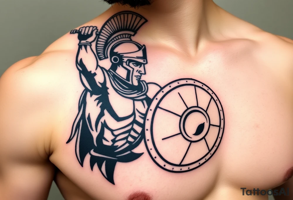 The Final Strike – A muscular gladiator mid-attack, his gladius raised high, slicing through an opponent’s shield. His bronze helmet reflects the sun, while his battle-worn leather armor is covered in dust and sweat. tattoo idea