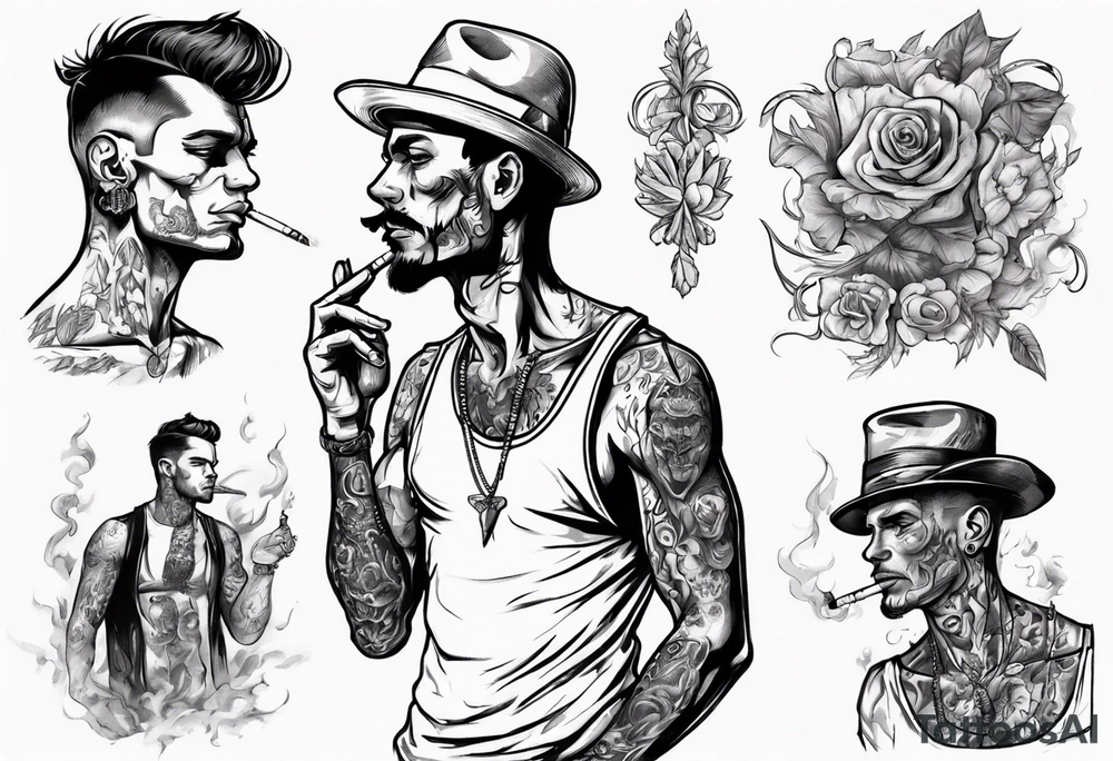 A man without tattoos without a hat with earrings in his ears stands smoking a cigarette tattoo idea