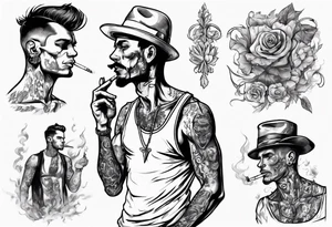 A man without tattoos without a hat with earrings in his ears stands smoking a cigarette tattoo idea