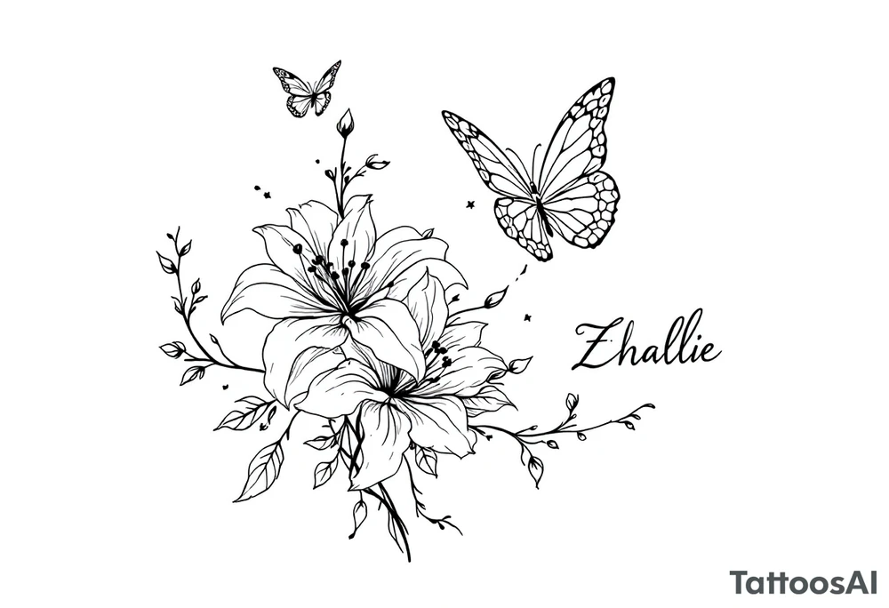 A delicate and highly detailed tattoo design featuring elegant flowers and two butterflies, symbolizing family, love, and the bond between a mother and her children. The flowers, such as lilies or peonies, represent protection, beauty, and unconditional love. Two butterflies gracefully flying around the flowers symbolize the children, Zackary and Charlie, representing their growth and freedom. Their names should be subtly integrated into the design, either along the stems of the flowers, within the butterfly wings, or in an elegant script flowing naturally with the composition. tattoo idea