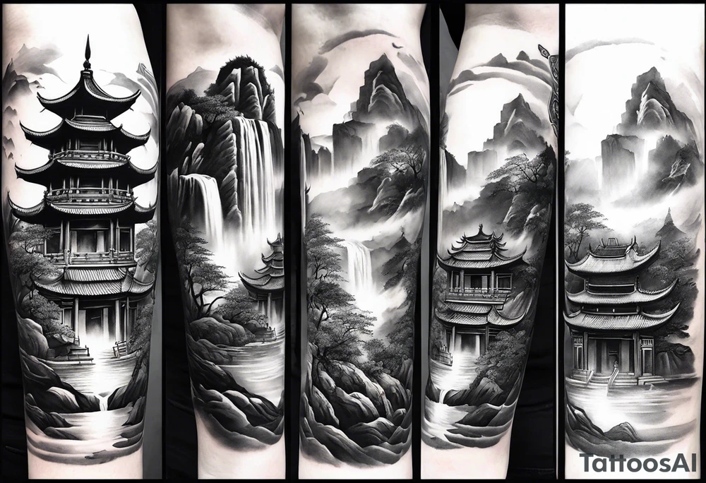 forearm sleeve traditional chinese art painting Chinese temple two old philosophers wearing robes and drinking tea mountains mist fog waterfall tattoo idea