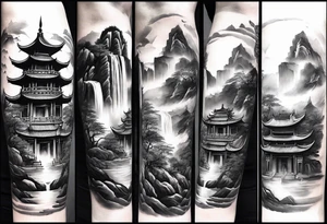 forearm sleeve traditional chinese art painting Chinese temple two old philosophers wearing robes and drinking tea mountains mist fog waterfall tattoo idea