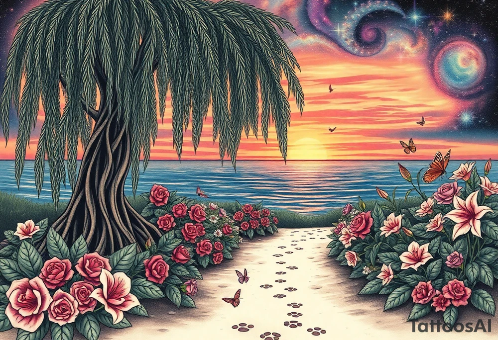Sunset galaxy. Ocean.  weeping willow garden with roses and lilies flower beds, fairies, mermiads, dragons butterflies,  cat paw prints path in dirt. tattoo idea