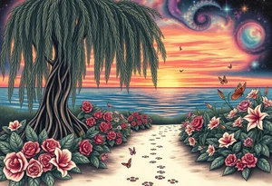 Sunset galaxy. Ocean.  weeping willow garden with roses and lilies flower beds, fairies, mermiads, dragons butterflies,  cat paw prints path in dirt. tattoo idea