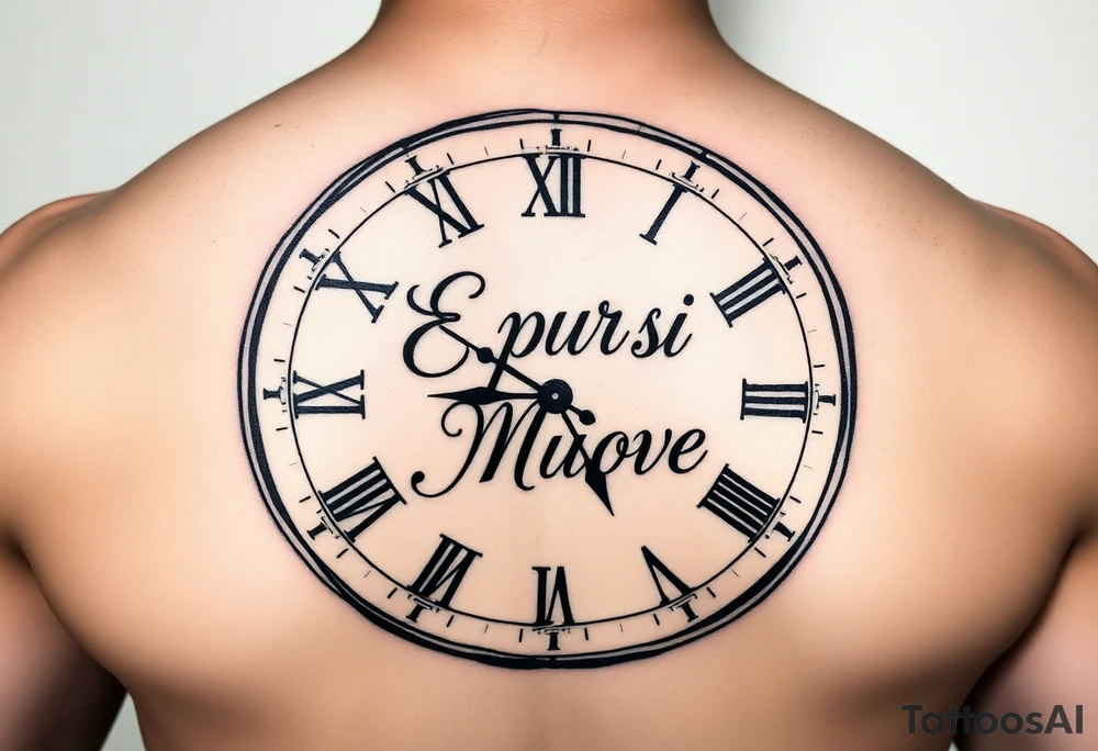 Abstract clock with roman numerals. Clock set to 03:09. Phrase 'E pur Si Muove' inside the clock in cursive fancy lettering tattoo idea