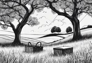 Very light and minimalstic picnic scene on meadow. A blanket iwth only a picnic-basket with lid on it. Pennants in two trees. Thin lines. tattoo idea