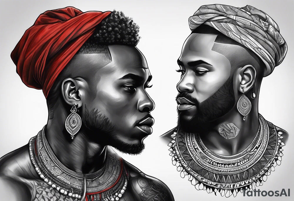 homem divindade africano realista em preto e cinza com os olhos brancos e fundo com tons de vermelho tattoo idea