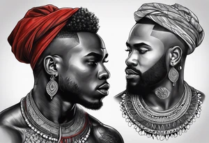 homem divindade africano realista em preto e cinza com os olhos brancos e fundo com tons de vermelho tattoo idea