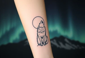 lone wolf howling at full moon with northern lights backdrop tattoo idea