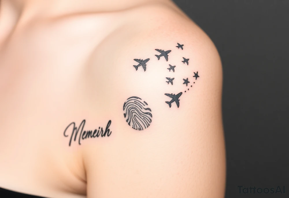Memorial tattoo using line drawing style in black with shading. The design should flow up from his signature on the bottom, flowing into fingerprints and the melting into small planes flying away to the top right. This will go on the left shoulder. Tie the design together with scroll work that starts from the fingerprints and circles the signature. The scroll work should meld into the airplanes tattoo idea