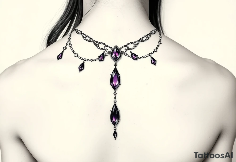 Gothic jewelry draping fine line with amethyst jewels around the front of the neck extending down the chest onto the left shoulder on a woman tattoo idea
