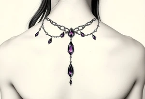 Gothic jewelry draping fine line with amethyst jewels around the front of the neck extending down the chest onto the left shoulder on a woman tattoo idea