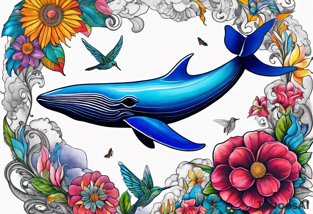 Surrealism, blue whale, hummingbird, hot air balloon, flowers, bold color, collage tattoo idea