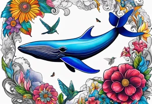Surrealism, blue whale, hummingbird, hot air balloon, flowers, bold color, collage tattoo idea
