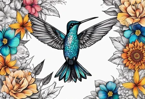 Flowers, colorful, horizontal, botanical, mandala background with hummingbird in the middle tattoo idea