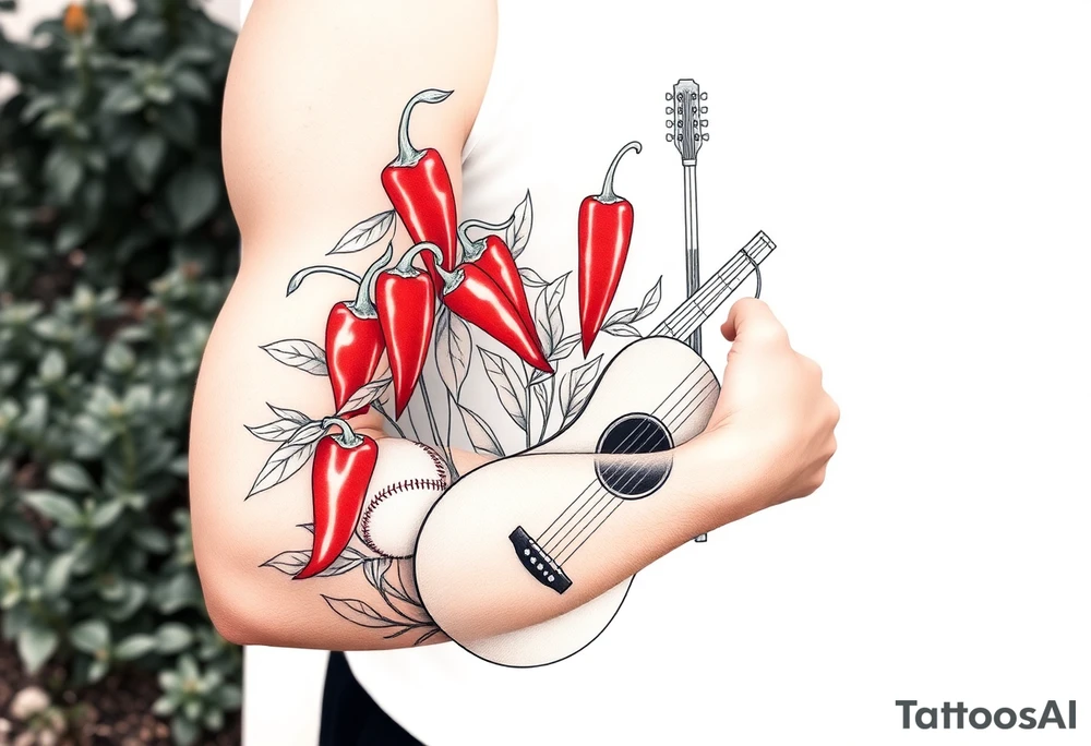 Super hot pepper plants, hot sauce, baseball, acoustic guitar, trumpet, with a gardening background tattoo idea