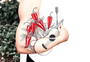 Super hot pepper plants, hot sauce, baseball, acoustic guitar, trumpet, with a gardening background tattoo idea