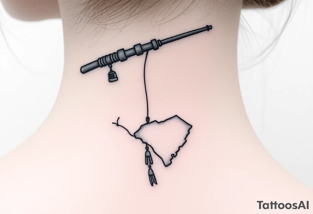 Old fishing rod with something showcasing South Carolina state dangling from the line tattoo idea