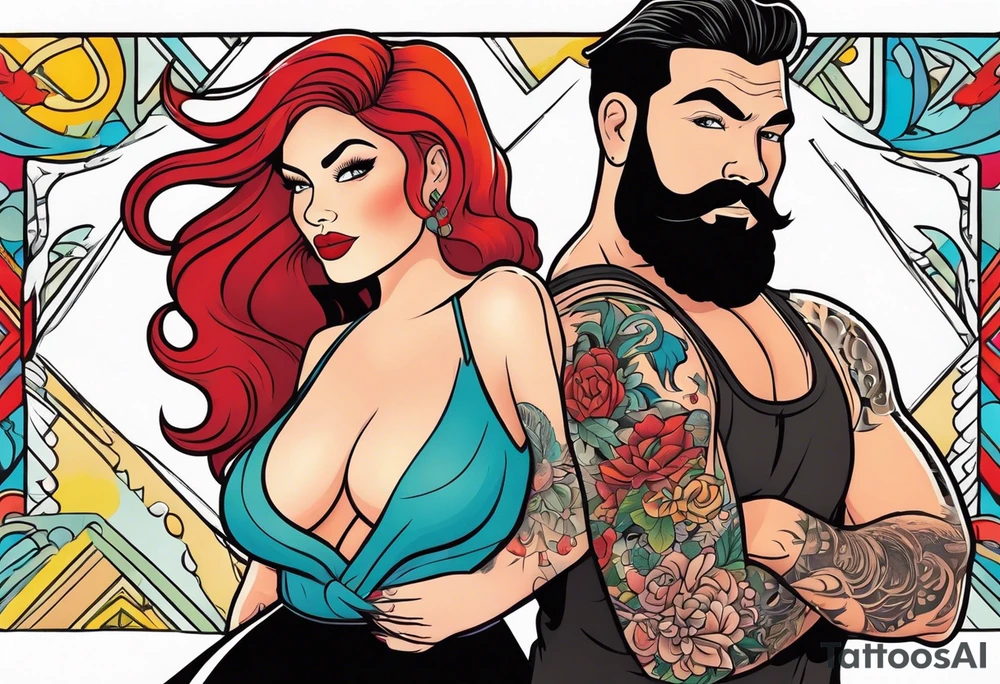 Busty Red haired woman with black haired bearded man tattoo idea