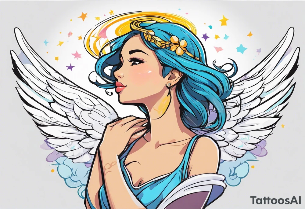 girl angel side profile, with wings, with floating halo, anime style tattoo idea