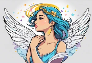 girl angel side profile, with wings, with floating halo, anime style tattoo idea