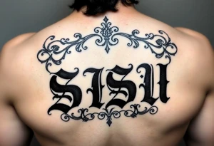 'SISU' in bold Blackletter/Chicano script with deep black shading. Surrounded by ornate gangster-style filigree in black and grey realism, with fine-line details and smooth shading for depth tattoo idea