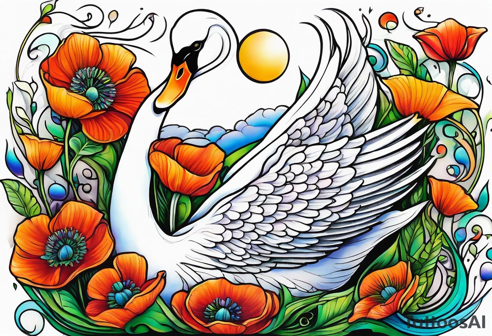 Colorful swan tattoo with poppies, Lily of the valley, sweet pea flower, honeysuckle tattoo idea