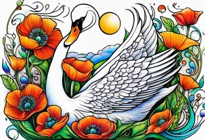 Colorful swan tattoo with poppies, Lily of the valley, sweet pea flower, honeysuckle tattoo idea