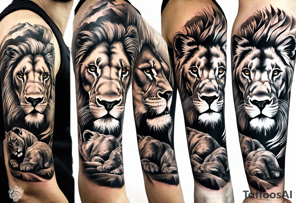 Full sleeve tattoo depicting a large lion protecting his lioness and 6 lion cubs. Background should depict a safari scene tattoo idea