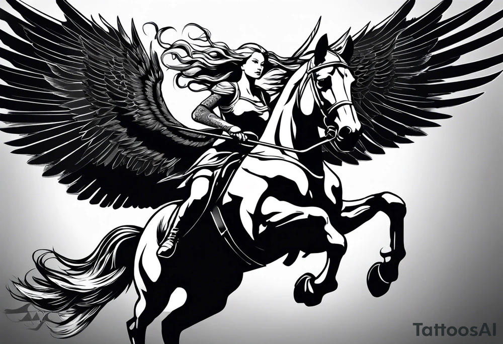 Valkyrie on winged Pegasus, flight, holding spear tattoo idea Valkyrie on winged Pegasus, flight, holding spear tattoo idea