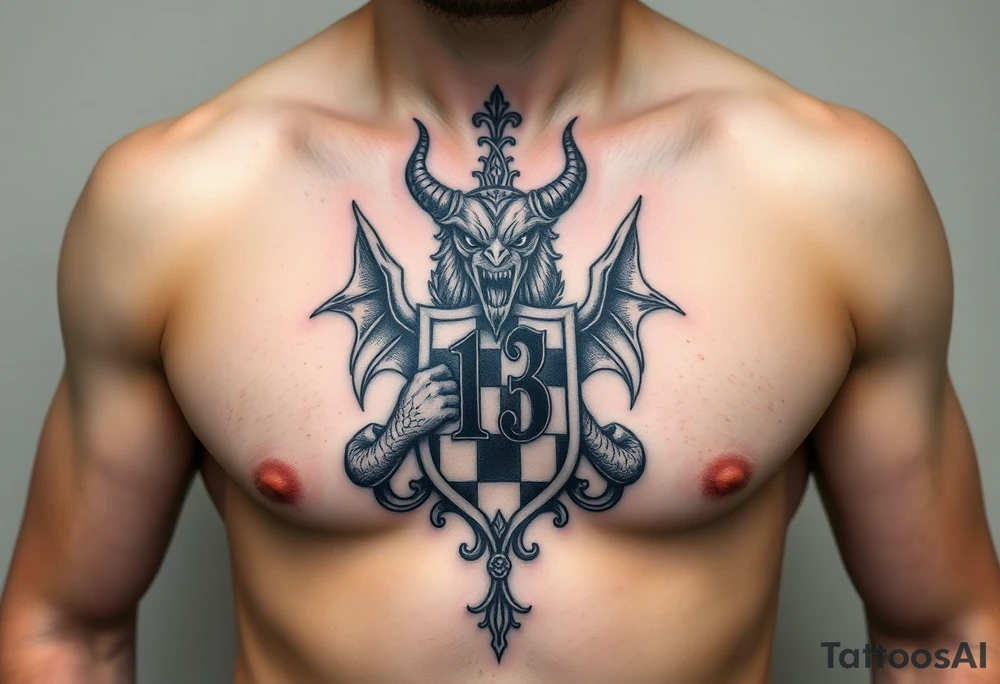 A large, intricate demonic Medieval gestured, family crest, incorporating the number 13 and the Toledo Mud Hens with wispy features very masculine.  For A Chess piece on a man tattoo idea