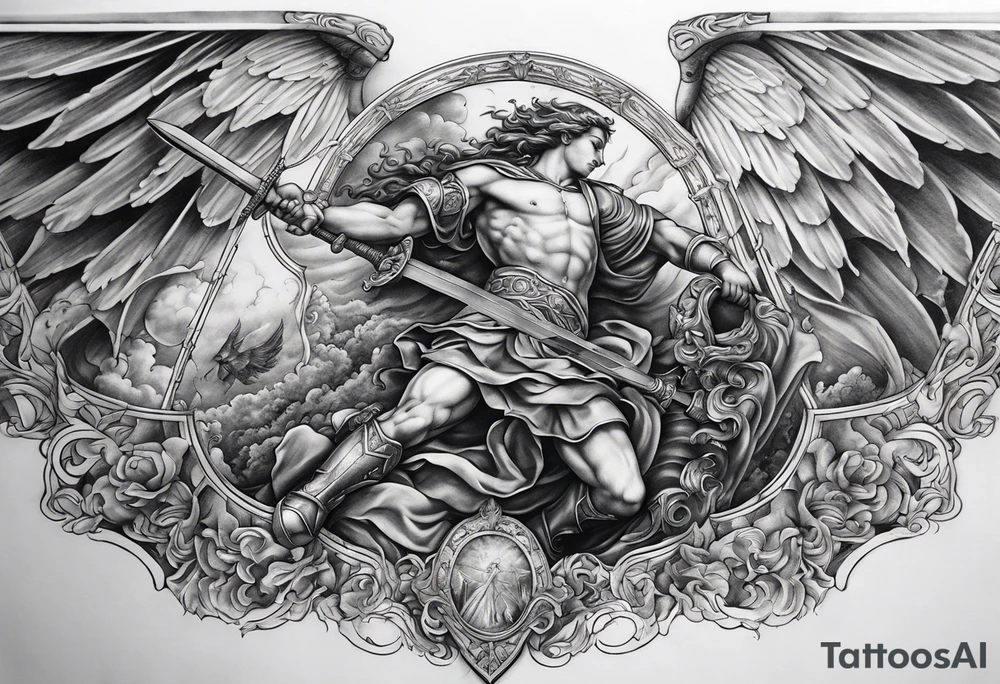Arm sleeve of St Michael plunging a sword into the devil which is laying on the stairway to heaven. Angels and demons are fighting all around tattoo idea