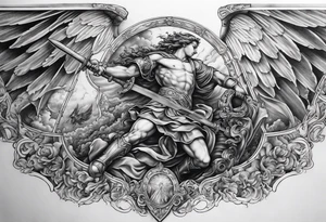 Arm sleeve of St Michael plunging a sword into the devil which is laying on the stairway to heaven. Angels and demons are fighting all around tattoo idea