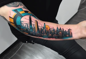 cyberpunk 2077, forearm tattoo, geometric, subtle, men, city skyline, 4k tattoo idea